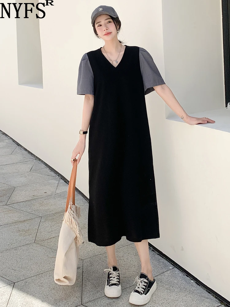 

NYFS 2023 Summer New Korea Woman Dress Vestidos Robe Elbise Loose Plus Size V-Neck Puff Sleeve Long Dresses