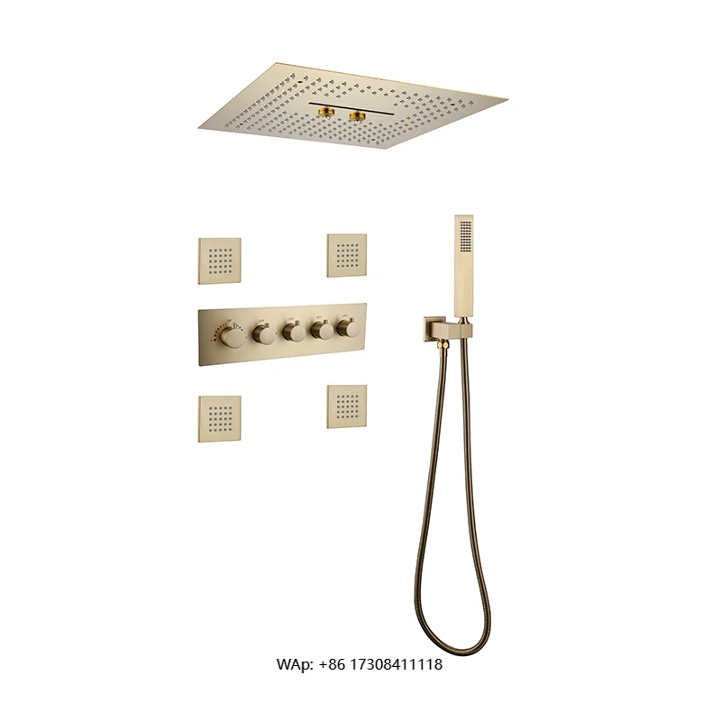 

Brushed gold LED shower head rain thermostatic ceiling shower set mist massage shower