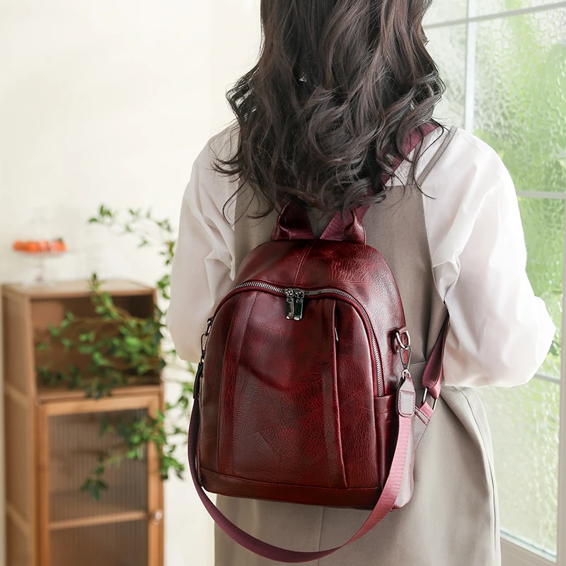 Burgundy PU Leather Backpacks For Women Solid Vintage Small Satchels For Girl Fashion Cute Small Book Bags Shoulder Packages