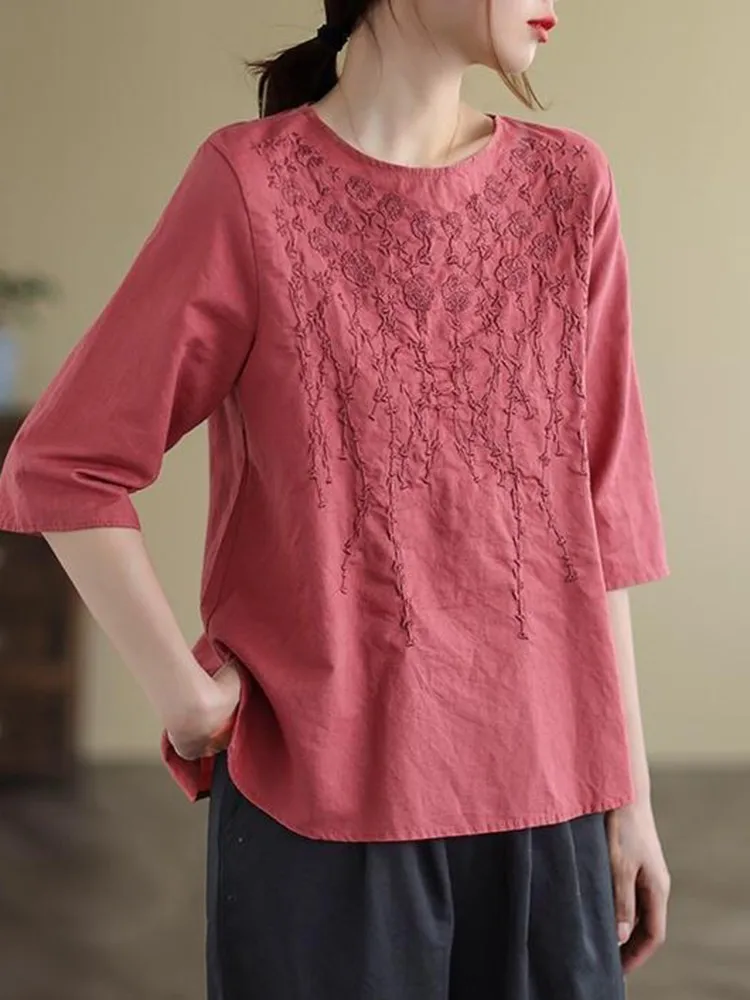 Frauen Baumwolle Leinen Casual T-shirts Neue 2022 Sommer Vintage Stil Floral Stickerei Lose Weibliche Hälfte Hülse Tops Tees B1780