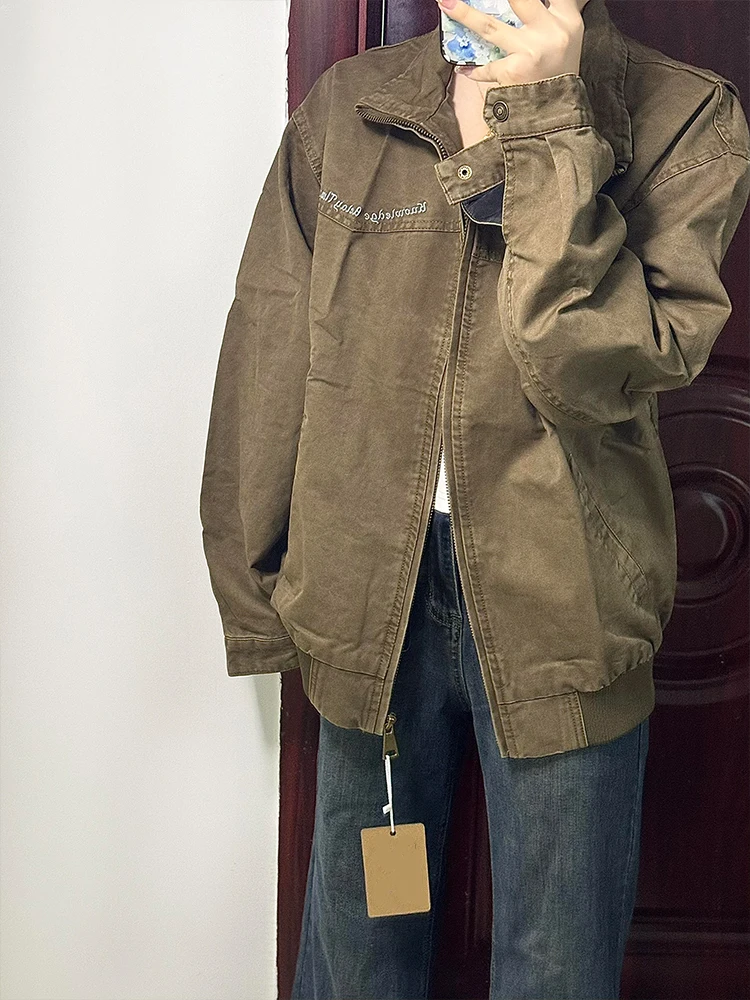 

Retro Waed Ce Brown Pilot Jaet Men's Spring Autumn Trendy High-End Feel Cool Stand Collar Workwear Outerwear