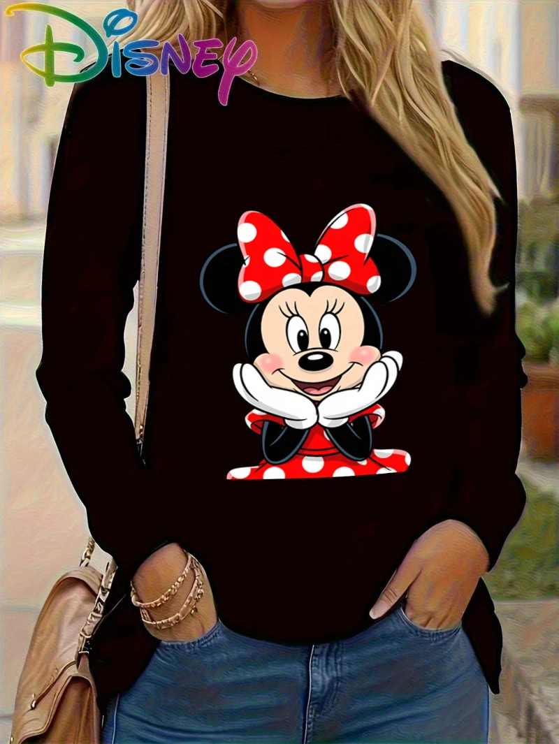

Potdemiel Women'S Cute Minnie Mouse Graphic Long Sleeve T-Shirt - Summer Casual Round Neck Top with Red Bow & Polka Dots