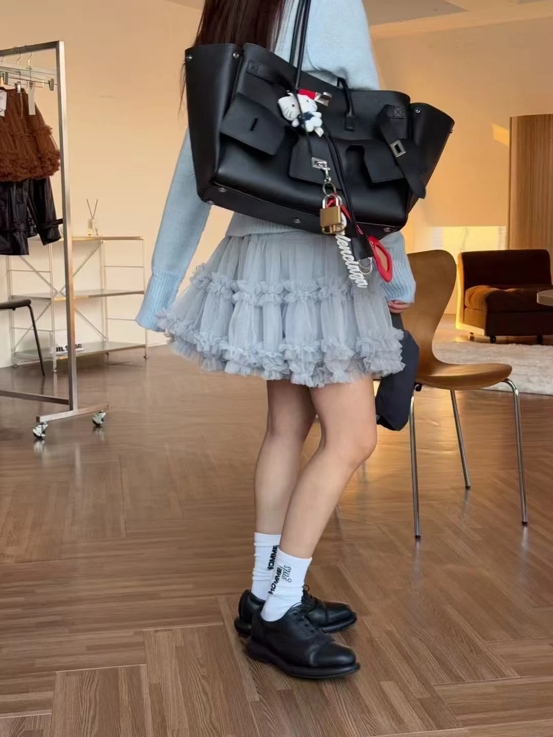 High Waist Lace Egg ape Layered Hem Semi Skirt PREON Work Early Spring Weekly Commute Pure Color Knitted Cake Skirt