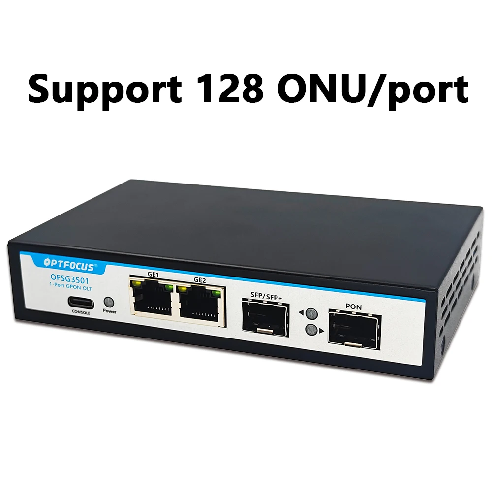 OPTFOCUS Mini GPON OLT 1PON VLAN 10G Uplink 12V 2A DC-Stromversorgung Unterstützt 128 ONU POE Stromversorgung MINI GPON OLT 1 Port