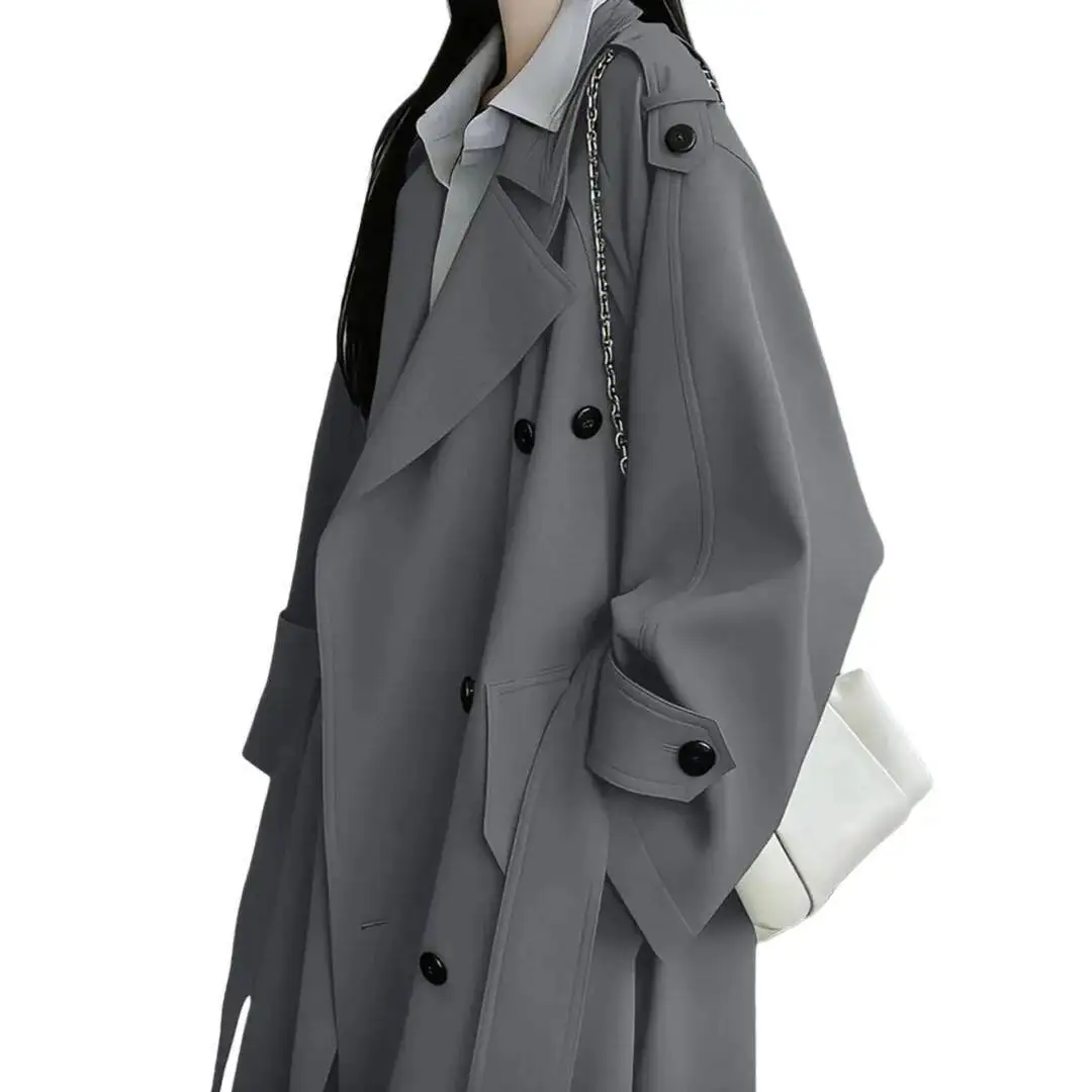 レディース ウインドブレーカー ロングトレンチコート 2026 春 グレー ダブルブレスト トレンチコート レディース エレガント ミドル丈コート