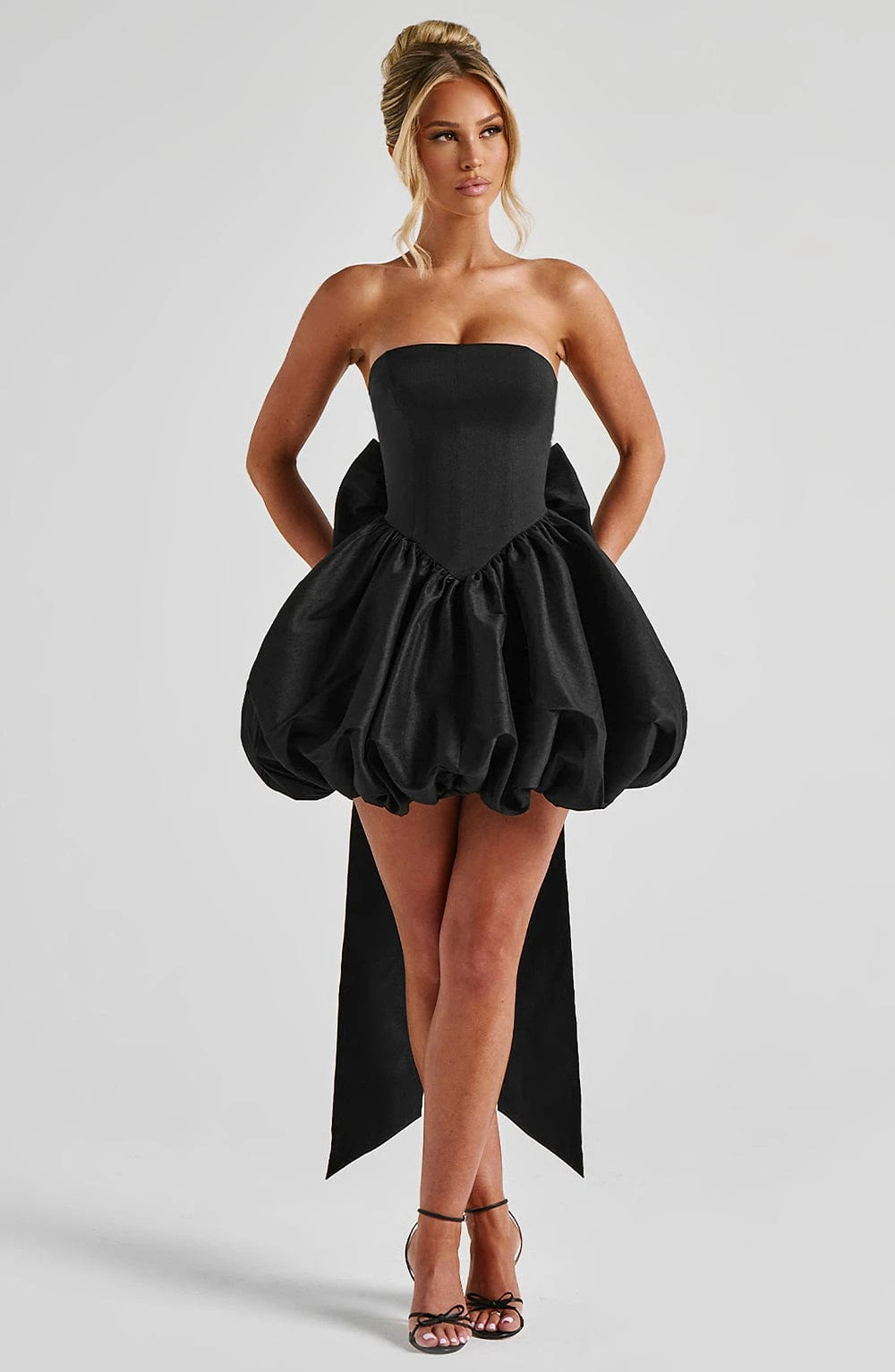 Black Strapless Corset Mini Dress Bubble Puff Detachable Big Bow With Long Split Train Women Homecoming Cocktail Birthday Dress