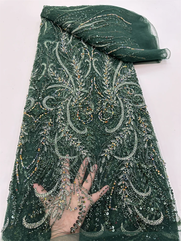 

African Handmade Beads Lace Fabric 2024 High Quality French Groom Embroidery Sequins Lace Fabrics For Christmas Sewing Rf