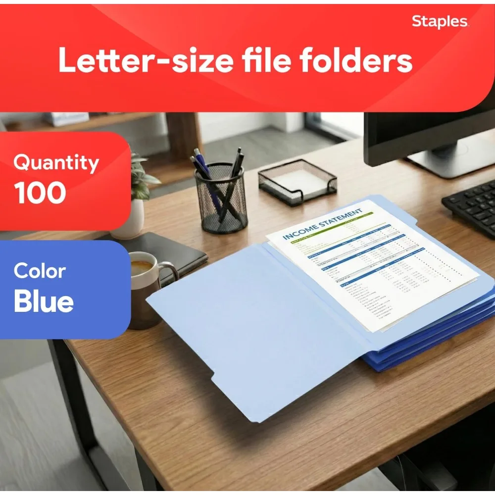Letter Size File Folders, 1/3-Cut Tabs, Blue, 100 Pack - Durable 10.5pt Stock for Office Organization
