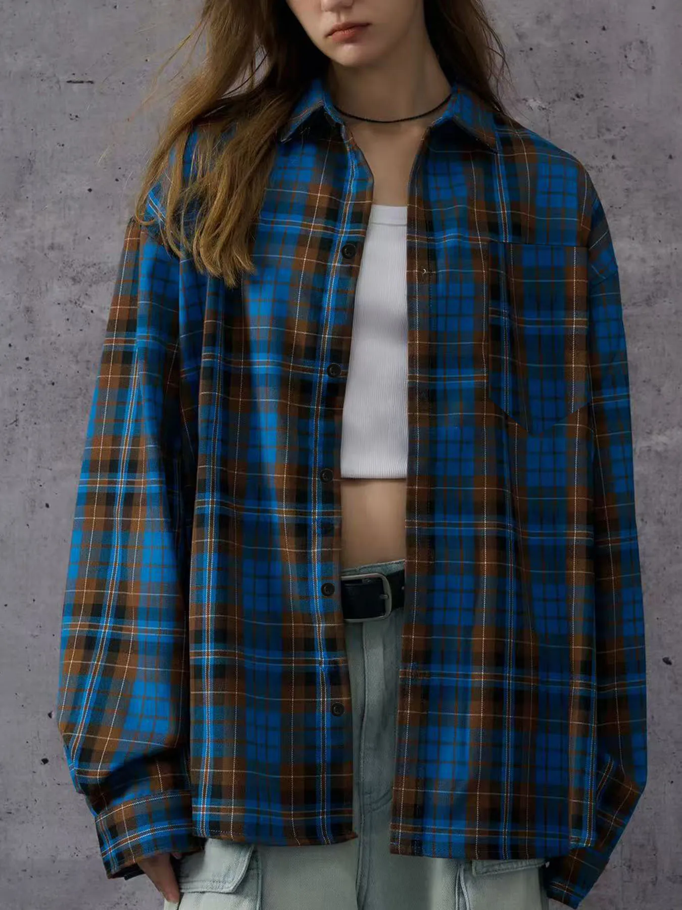 

American Retro Blue Plaid Shirt for Women, Autumn and Spring Hot Girl Long Sleeve Loose Versatile Casual Outerwear Top