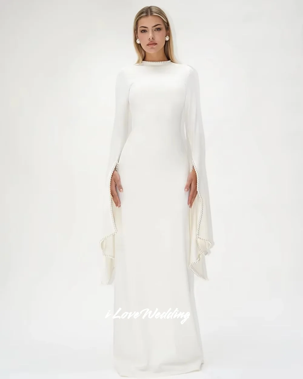 

White O-Neck Pearl Mermaid Long Sleeve Evening Dresses Bespoke Occasion Dresses Saudi Arabia Floor-Length Pleated Customized