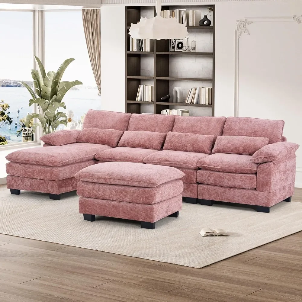 

114" U Shape Sectional Sofa Cloud Couch, Upholstery Comfy Modular Sofa, 4 Seat Chenille L-Shaped Sleeper Sofa