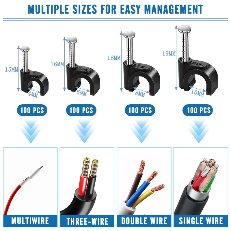 100pcs Cable Clips Cable Wire Clip Nail in Cable Clips Cable Tacks Coaxial Nail Clamps Nails for Cords 4/6/8/10/12/14/16mm Black