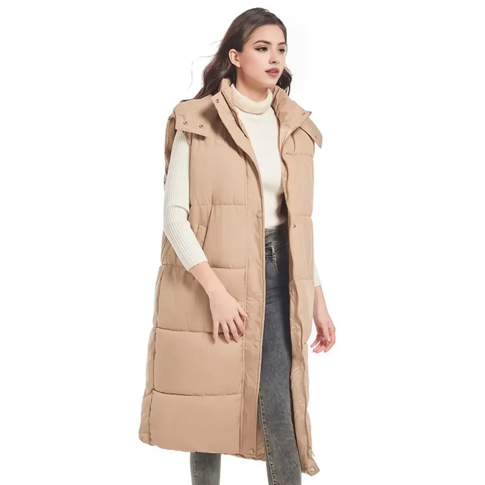 

Winter Women Thicken Vest Coat with Belt Padded Stand Collar Sleeveless Calf Length Down Waistcoat Outerwear