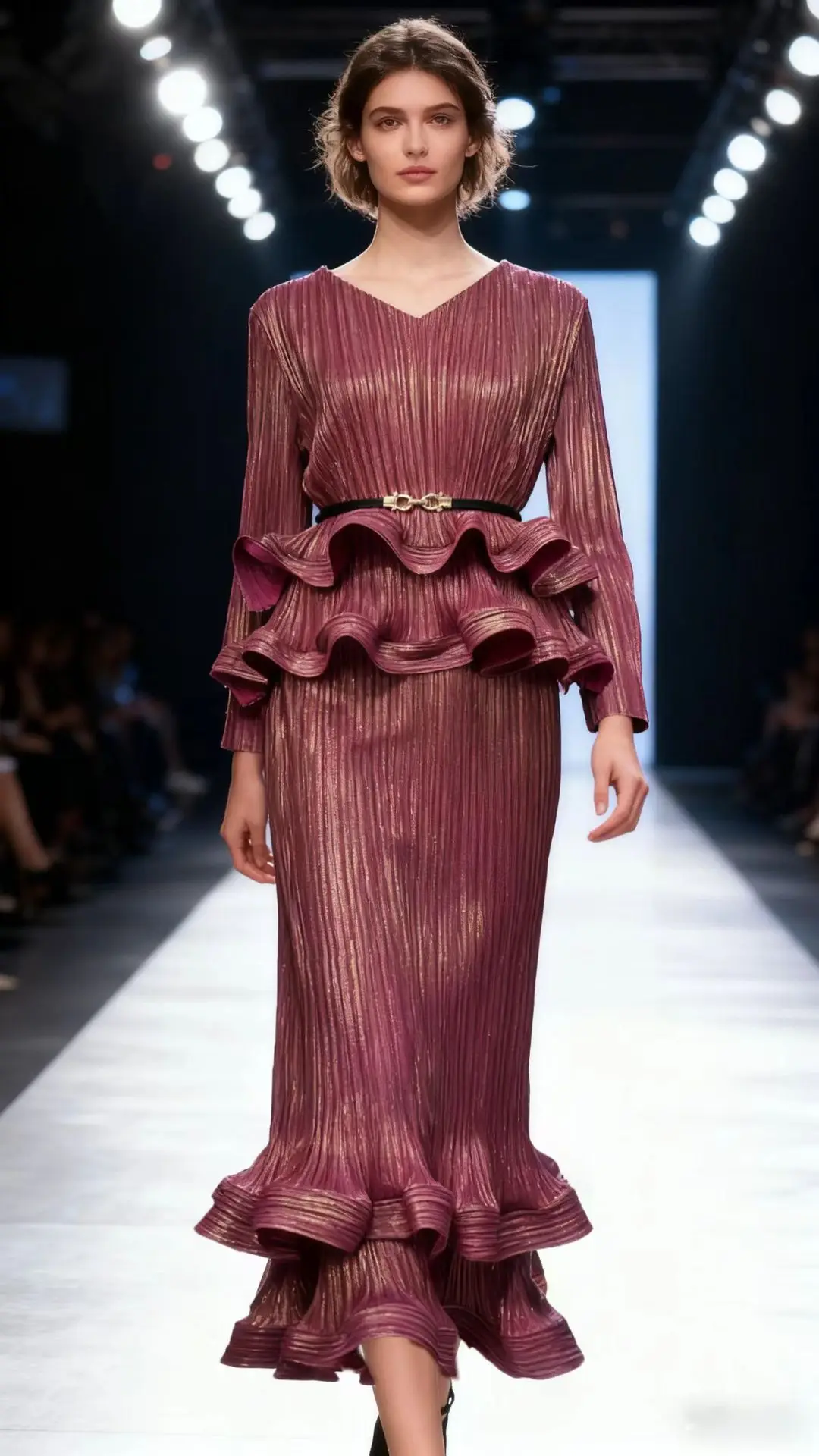 

Miyake 2022, осенне-зимний новый бронзовый модный комплект из двух предметов с v-образным вырезом, элегантный темпераментный комплект из двух предметов на талии и тонкой талии для женщин