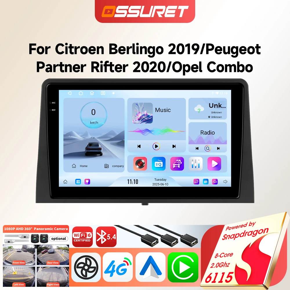 Android Autoradio-Player für Peugeot Partner Rifter Opel Combo Citroen Berlingo Kabelloses Carplay GPS Auto-Multimedia Touchscreen