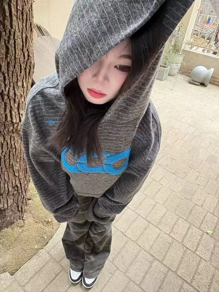 

American High Street Striped Letter Embroidery Hoodie Women's Autumn Winter Loose Thiened Woolen Retro Couple's Jaet