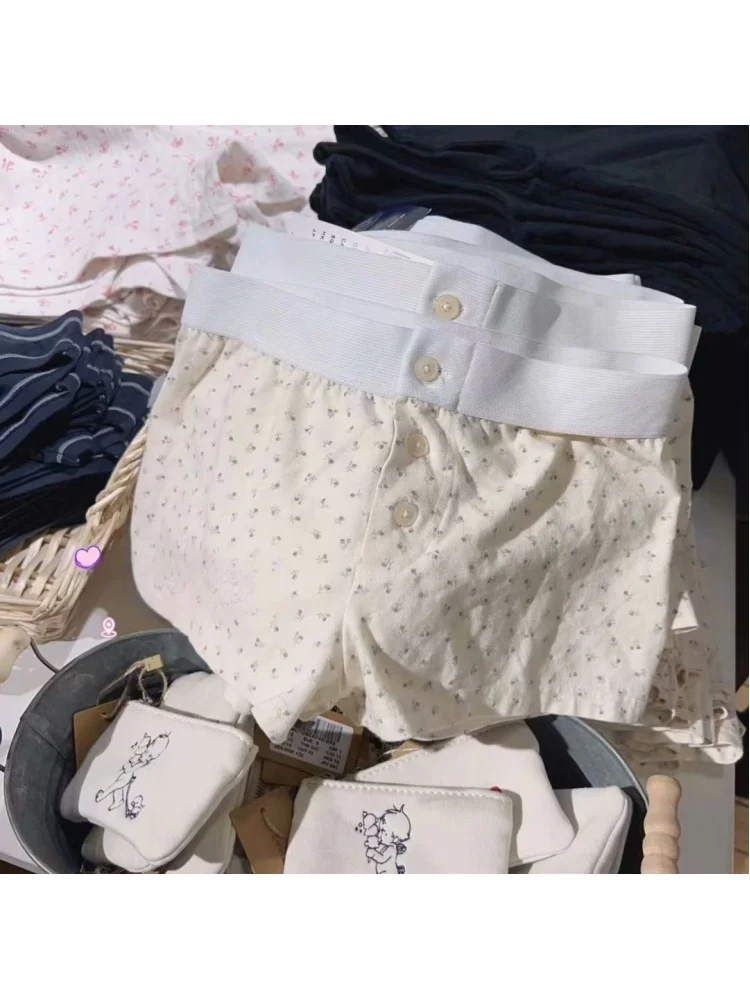 Botões frontais de algodão macio, shorts para mulheres, cintura baixa vintage, calça chique feminina casual, verão, 2024