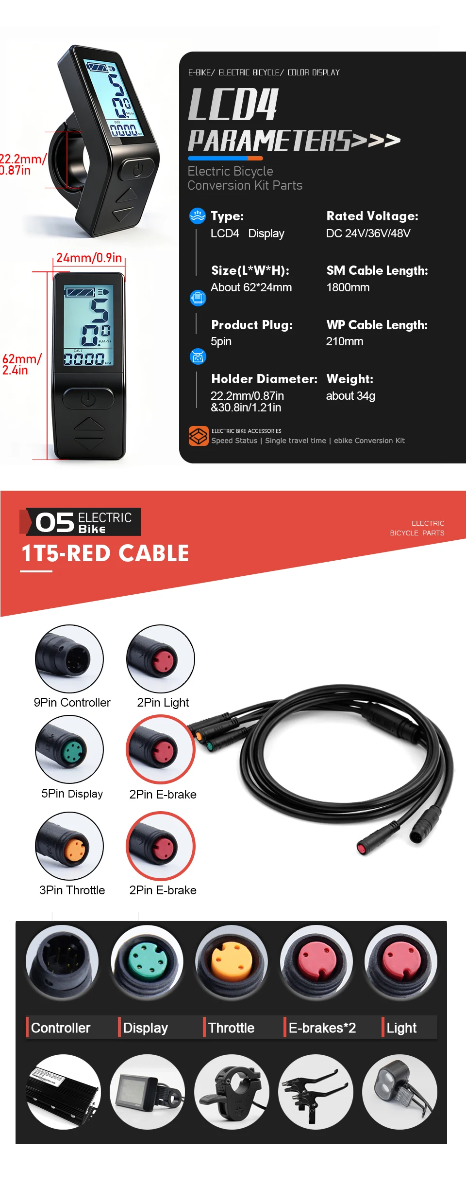 E-Bike Sinuswellen-KT Wasserdichter Controller 36V48V 14A-35A 250W500W1000W1500W LCD4 TF04 Display Elektrofahrrad-Umrüstkit-Teile – Detail 6