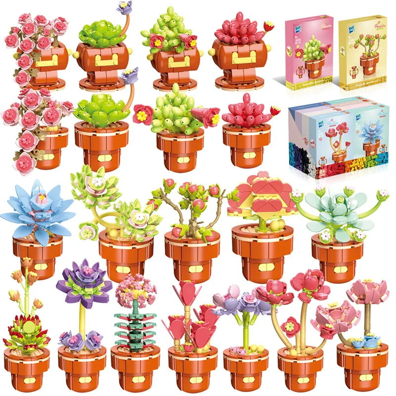 Flower Potted Plant Succulents Building Blocks Ornaments Models Home Decoration Flower Bouquet MOC Bricks Assembly Toy Kids Gift