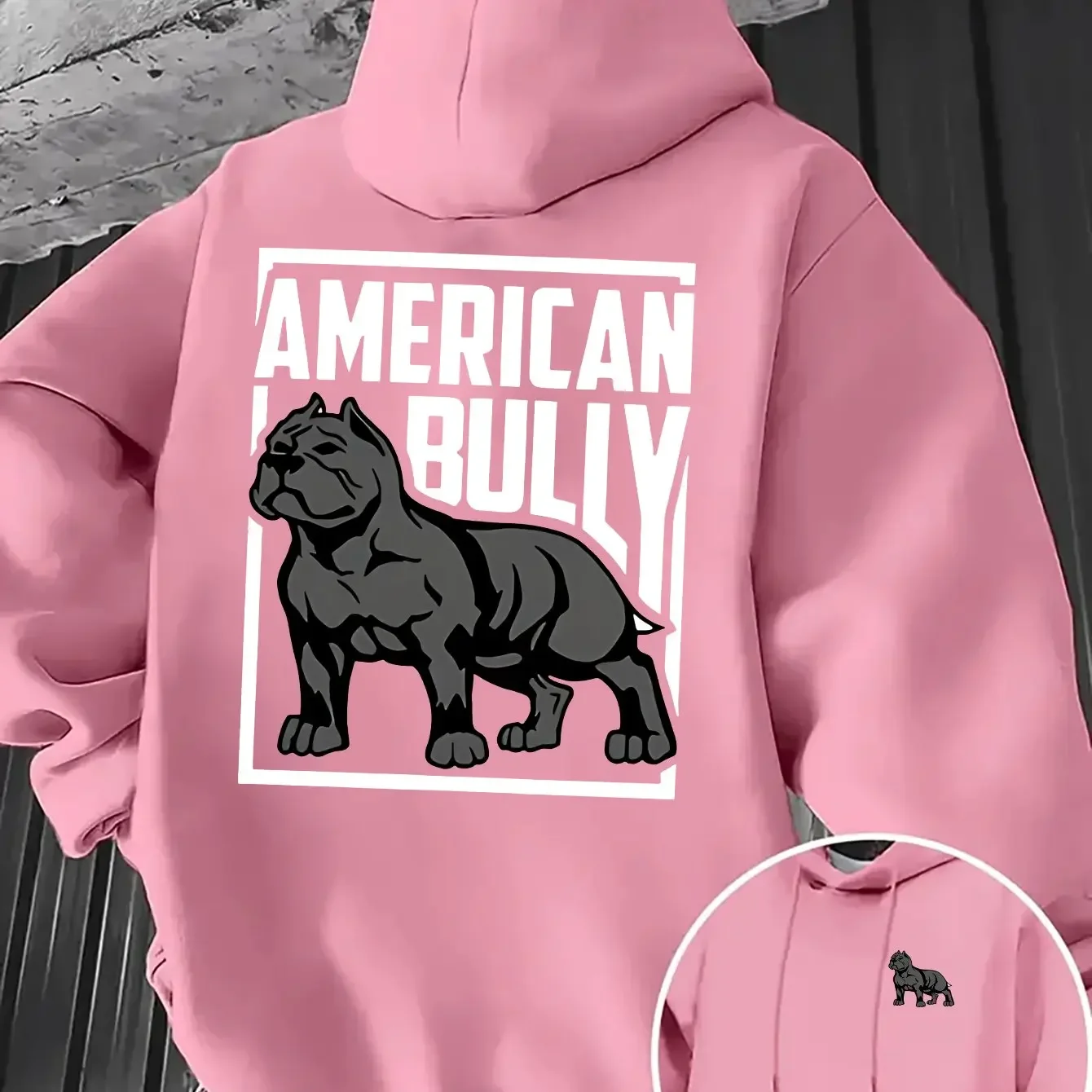 Y2K Pet Street Hoodie Men Black Oversized Front Back Dual American Bully Dog Square Frame Graphic Soft Fleece Sweatshirt