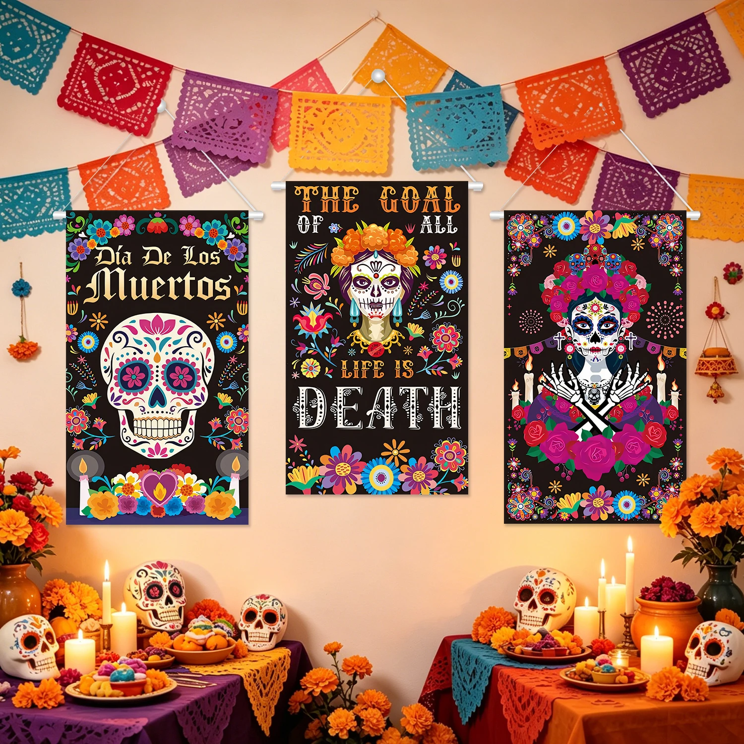 Banderas de Altar con Diseño Floral Colorido del Día de Muertos, Decoración de Pared para Halloween, Letrero para Porche, Estilo Mexicano, Día de los Muertos