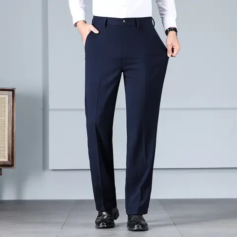하이웨이스트 루즈한 비즈니스 남성 바지, 스트레이트 올매치 패션 품질, 중년 레저 정장 바지