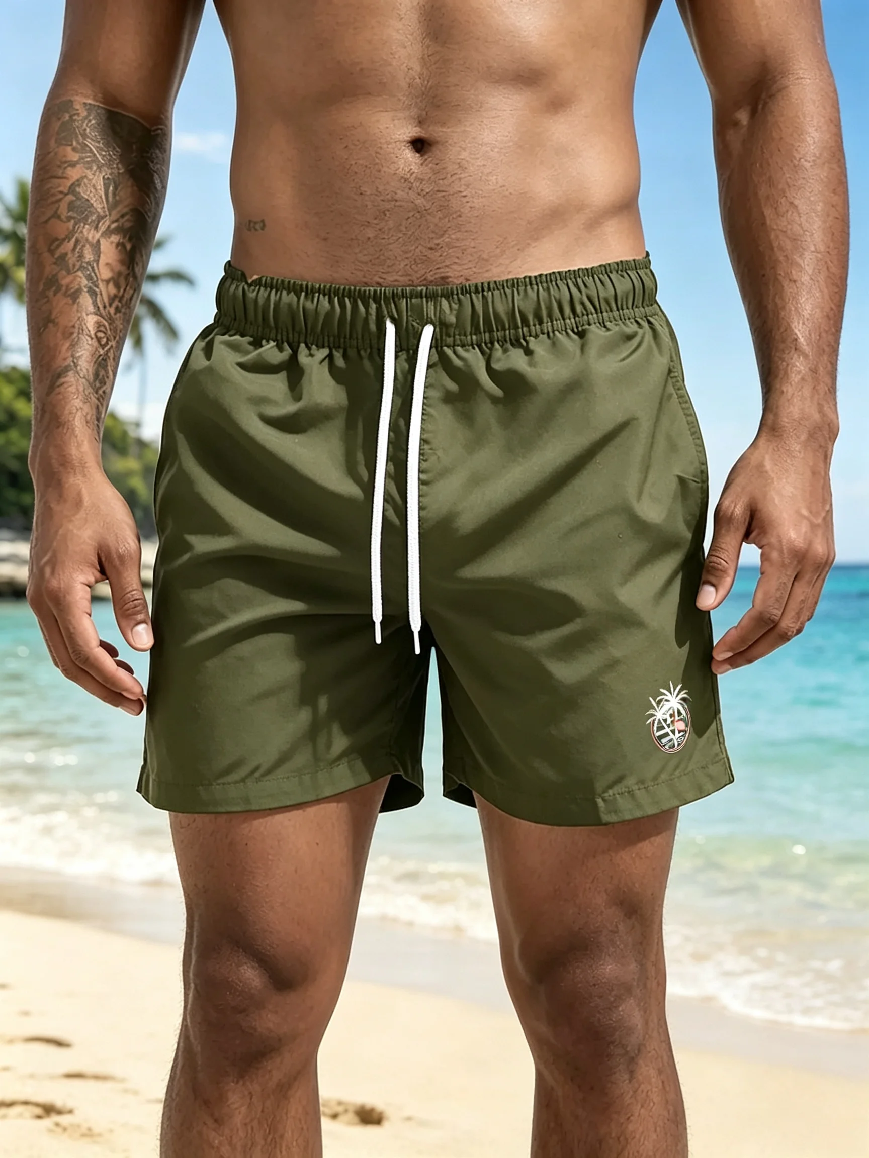 Men's Minimalist Solid Beach Shorts Army Green Tiny Palm Embroidery Quick Dry Drawstring Swim Trunks Daily Casual Wear