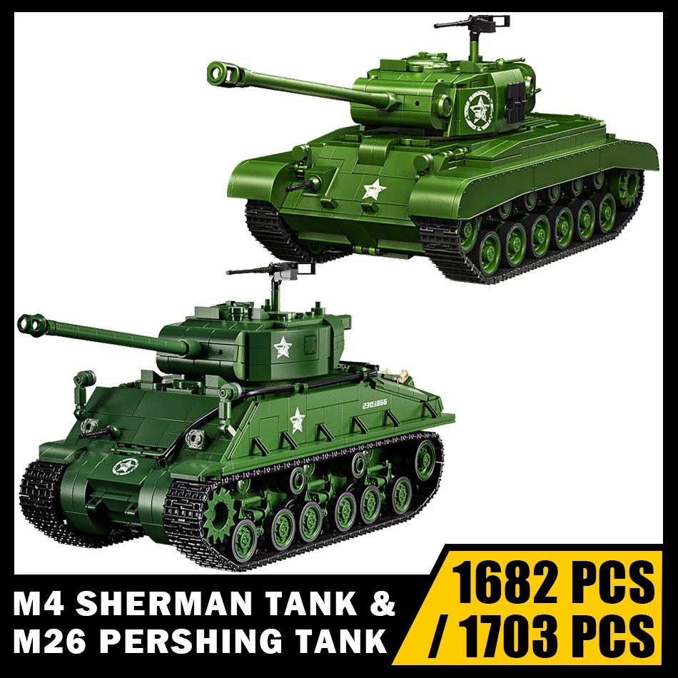 

WW2 Военный M4 Sherman Модель среднего танка Строительные блоки Армия США M26 Персинг Тяжелый танк Солдаты Оружие Кирпичи Игрушки Детский подарок