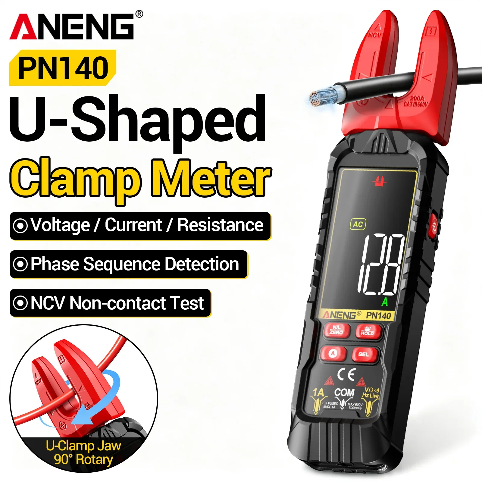 ANENG PN140 Digital Clamp Meter 3999 Counts DC AC Voltage Current NCV Phase Sequence Intelligent Anti-Burn for Electricians Tool