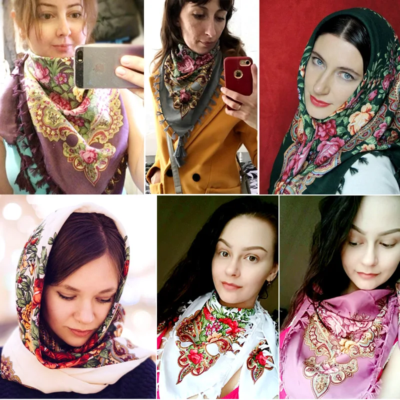 90*90cm Vintage Print Square Hijabs for Women Traditional Tassel Shawl Scarf Cotton Blend Headscarf Windproof Turban