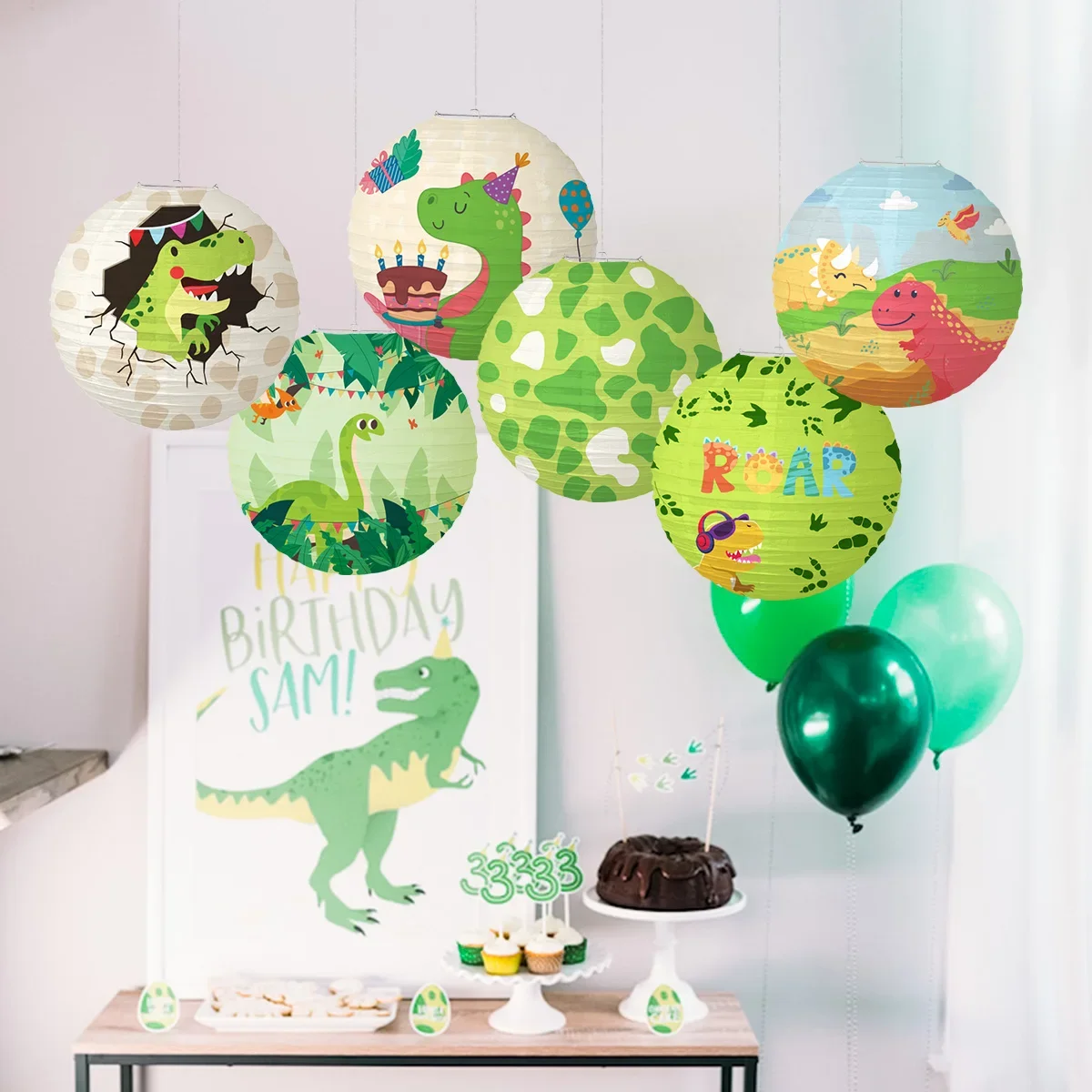 Cartoon Dinosaur Theme Party Paper 30cm Lanterns Jungle Safari Roar Lanterns for Kids Boy Birthday Baby Showe Party Decoration