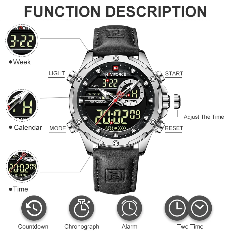 NAVIFORCE Military Watches for Men Fashion Sport Chronograph Alarm Wristwatch Waterproof Quartz Big Clock Digital Male Watch