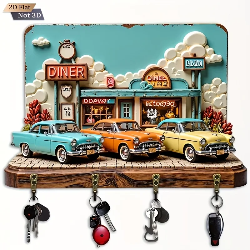 2D-Flugzeug. 1 Packung. Schlüsselhaken im Vintage-amerikanischen Auto-Thema – multifunktionales dekoratives Schlüsselregal mit vier Metallhaken, Wand