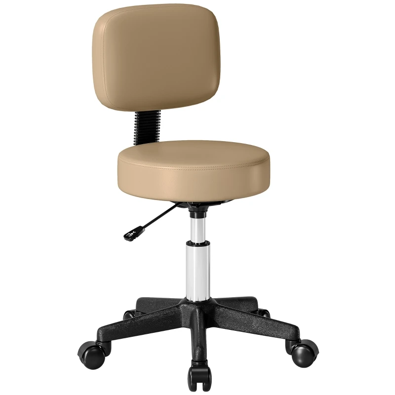 Tabouret roulant réglable avec dossier, hauteur 72-84 cm, rotation à 360° °   Tabouret de travail pivotant pour bureau et salon, marron clair