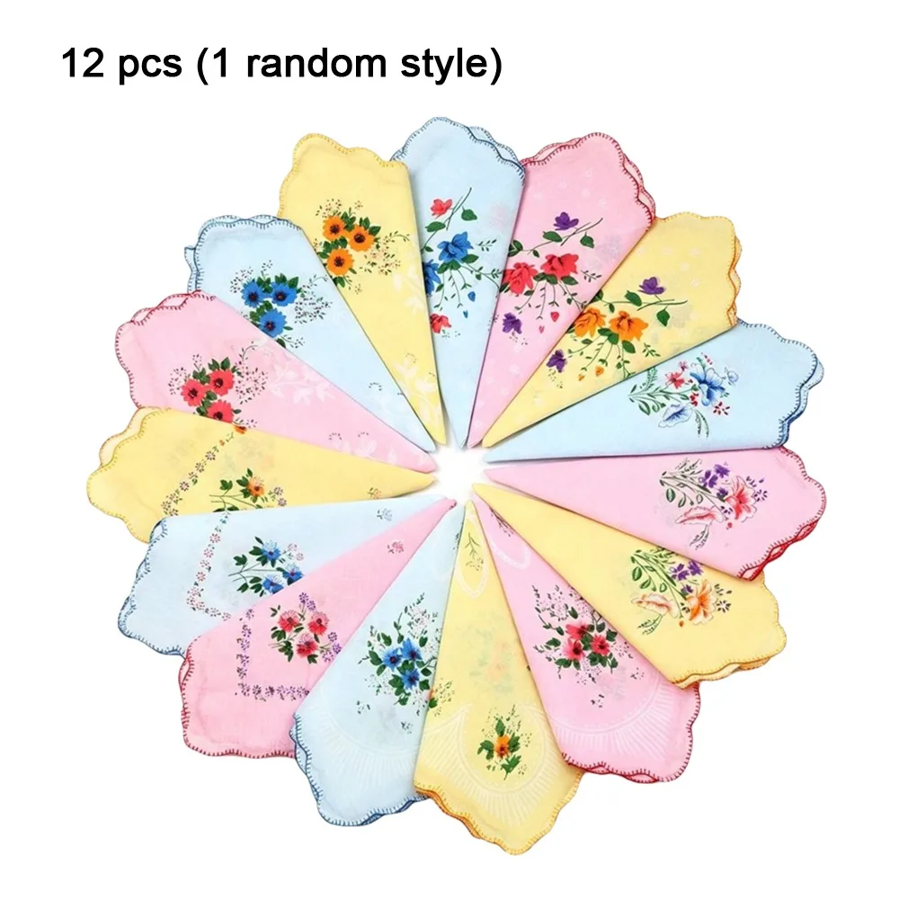 28cm Size Cotton Handkerchiefs 12 Pack Pure Cotton Flower Handkerchiefs Sweat Wipe Function Tooth Edge Trim