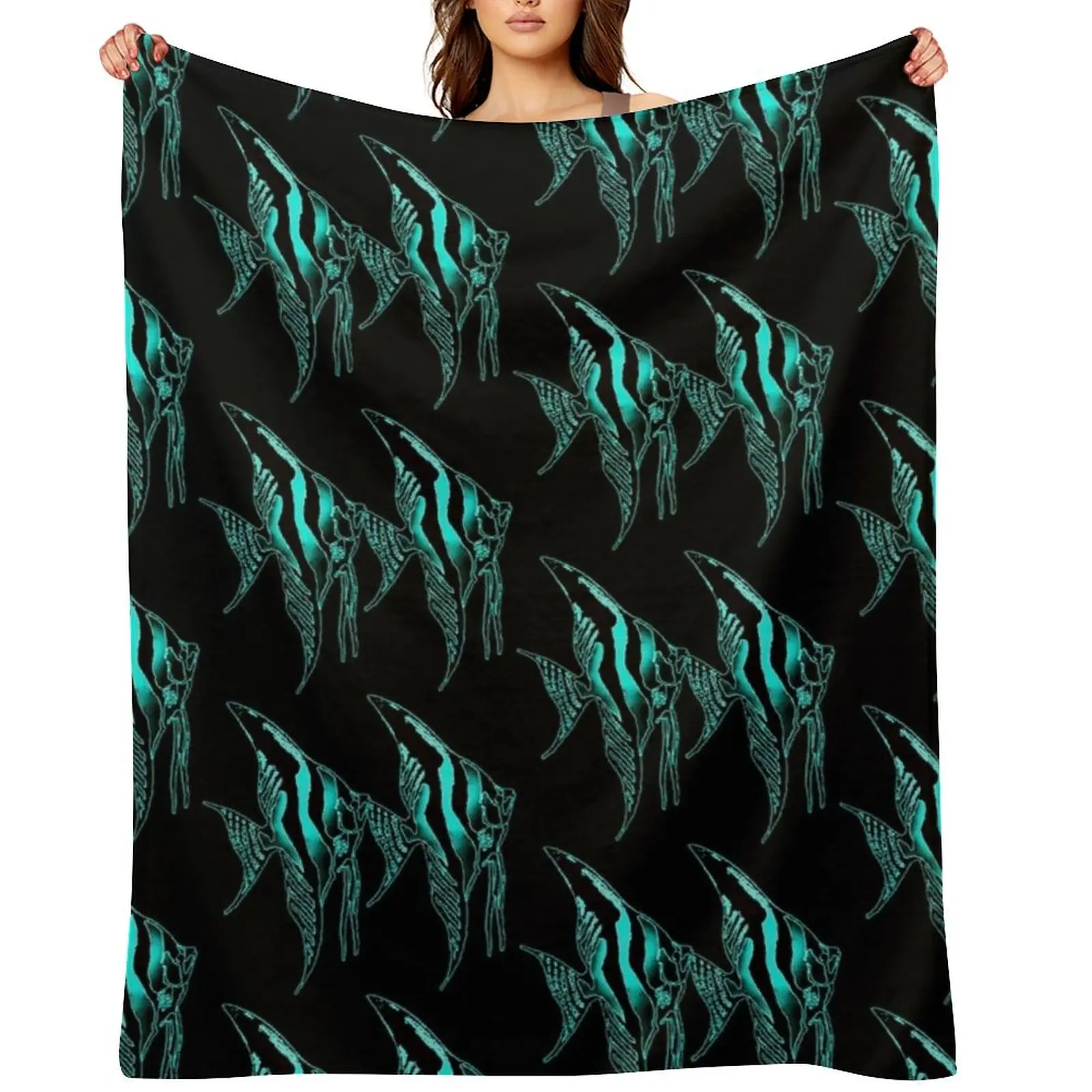 

Angelfish blue Logo Pair in Black background Throw Blanket Decoratives Soft Beds Summer Blankets