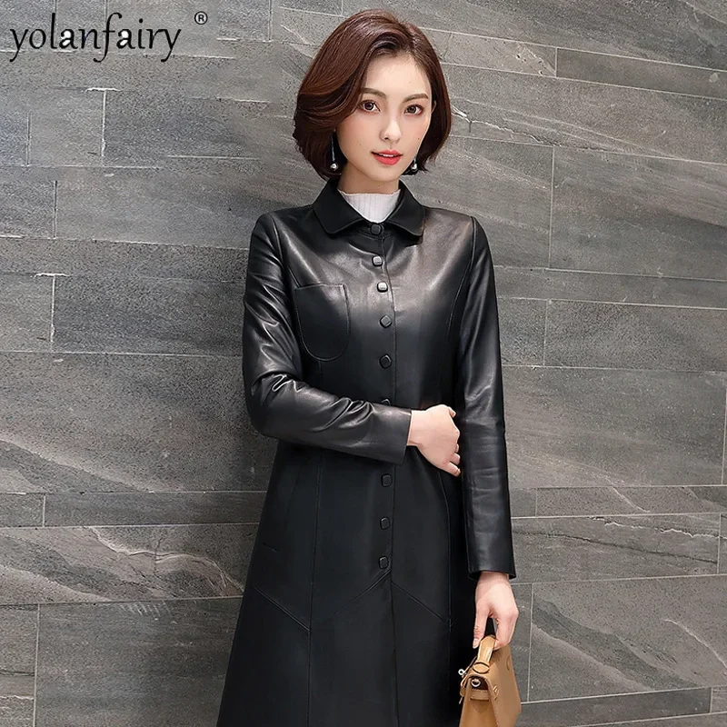 2023 Autumn Winter New Genuine Leather Clothing Women's Sheepskin Coat Ladies Midi Long Slim Korean Style Natural Leather Jacket