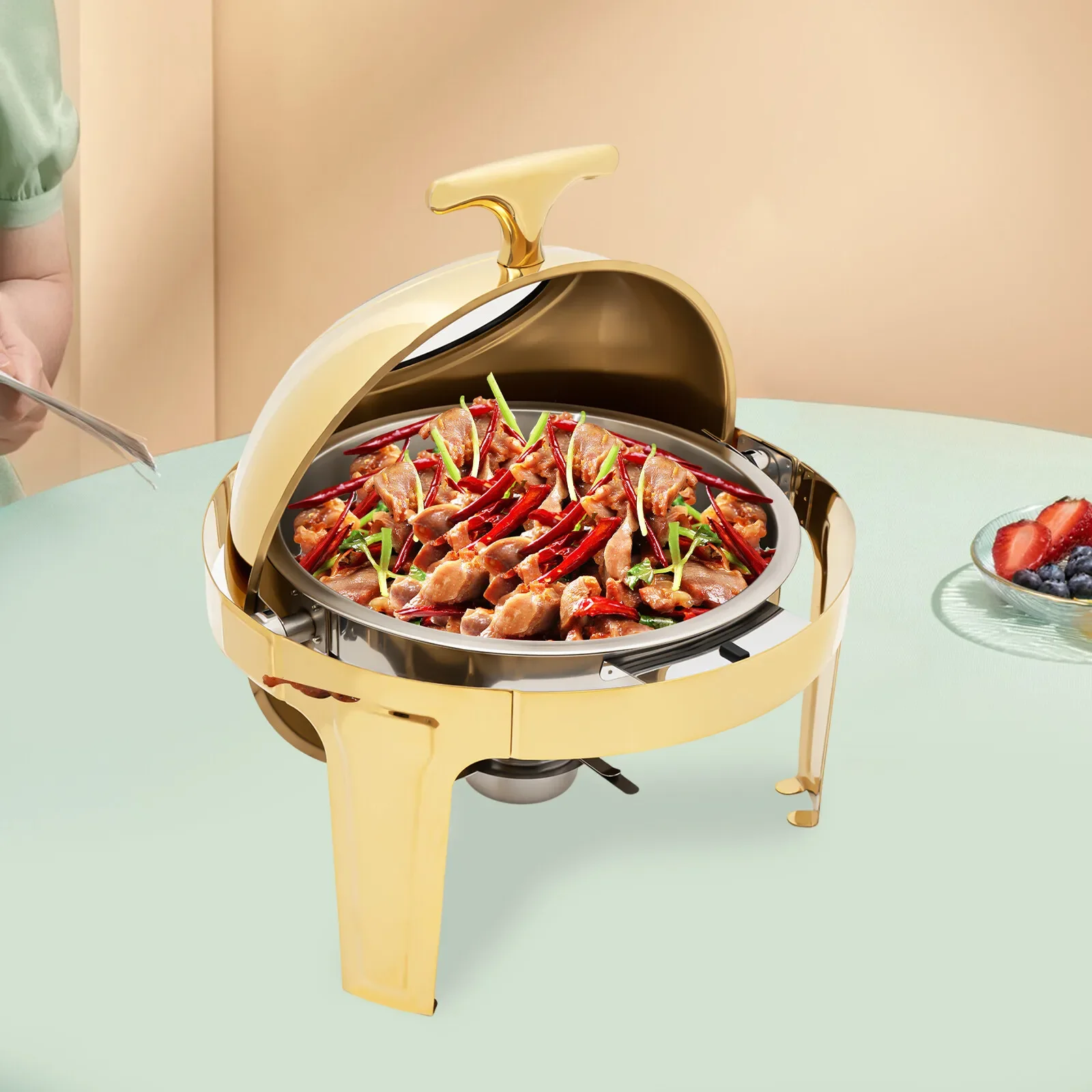 

​​Elegant Gold Chafing Dish 6.34Qt Capacity Visible PC Lid T-Shape Non-Slip Handle Thick Frame for Hotel Buffet Party​​