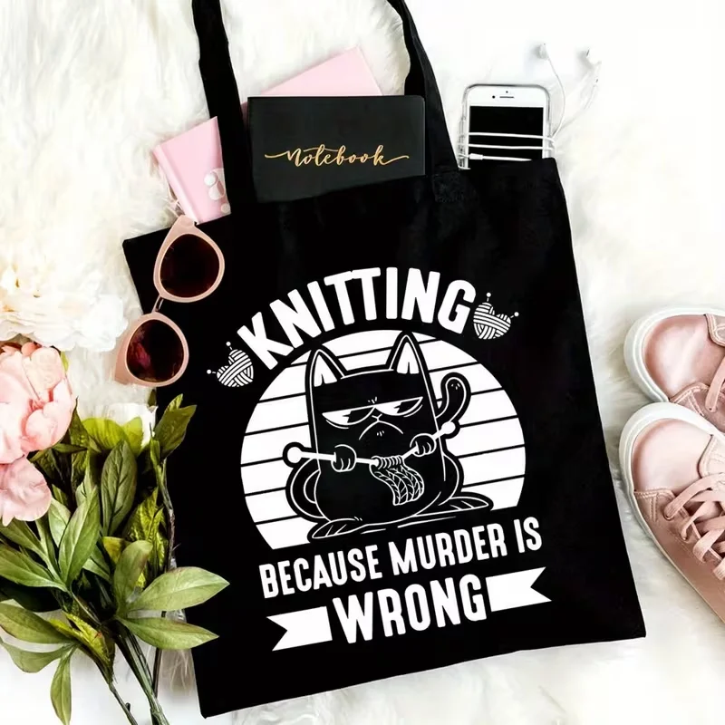 حقيبة حمل حياكة روح الدعابة حقيبة طباعة قطة ممتعة. حقيبة واسعة وأنيقة مثالية للنزهات الخارجية والحفلات والسفر والتسوق.