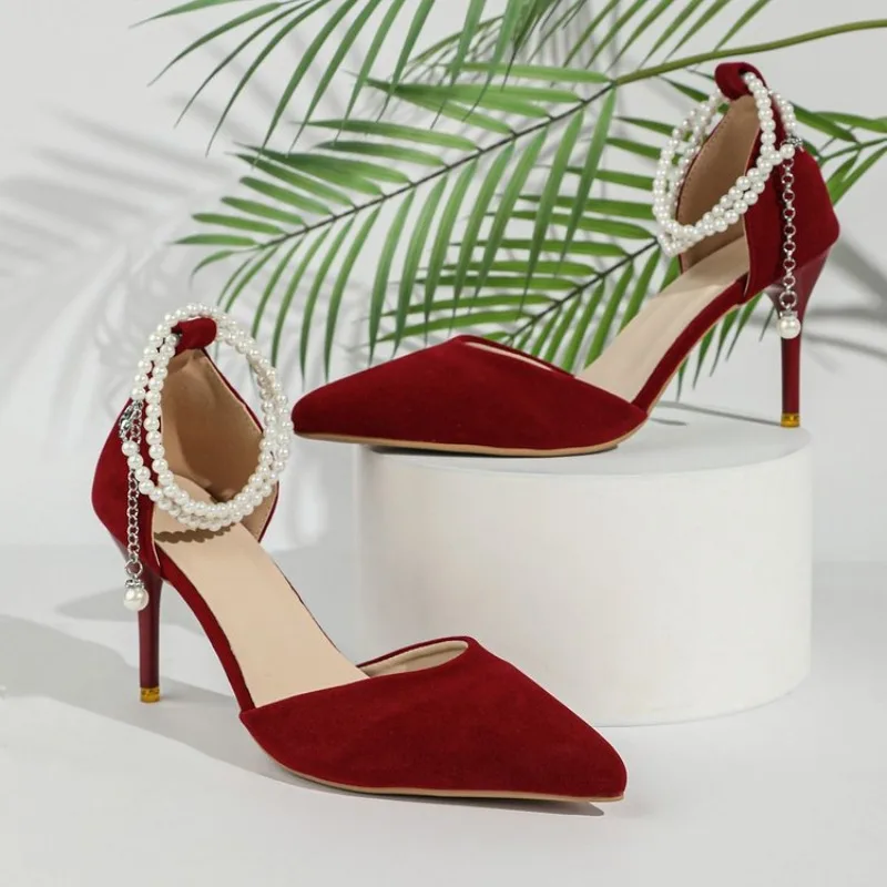 Summer New Pointed High-heeled  Sandals Shoes for Women, Red Suede Pearl Straight Buckle with Thin Heels Shoes Women