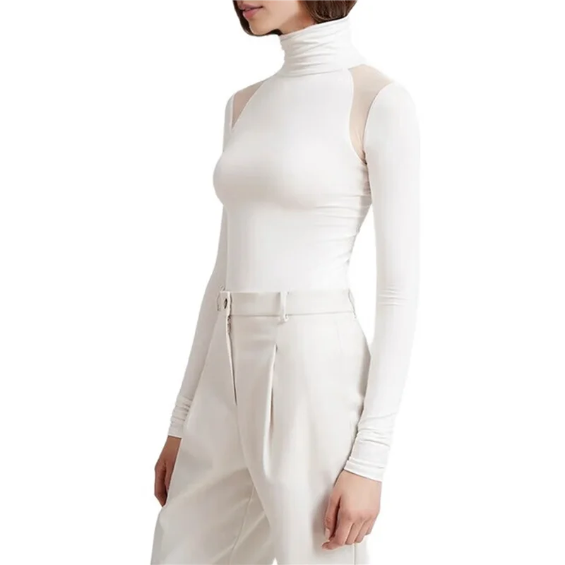 Atasan Lengan Panjang Sambungan Jaring Wanita Bodysuit Tembus Pandang Bodysuit Klub Malam Pesta Putih L-A55G