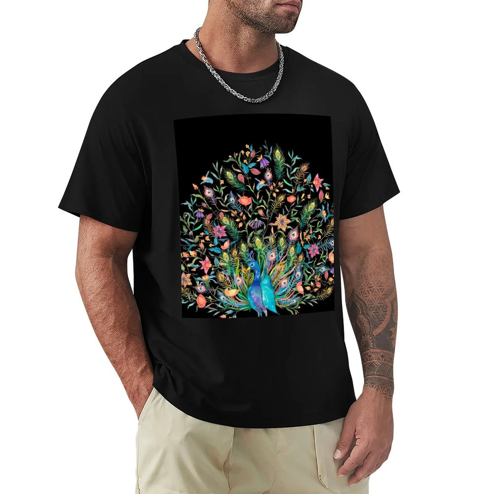 watercolor Peacock surrounded by flowers feathers T-Shirt Soft Lightweight Cotton T-Shirt