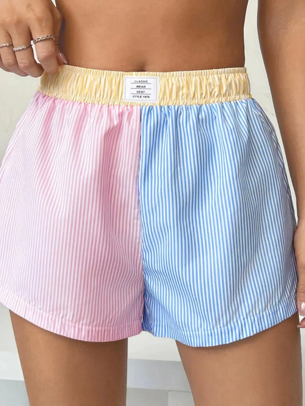 

High Waist Color Block Striped Wide Leg Shorts Women's Casual Pants Street Style Polyester Fiber Loose Fit Summer 2025