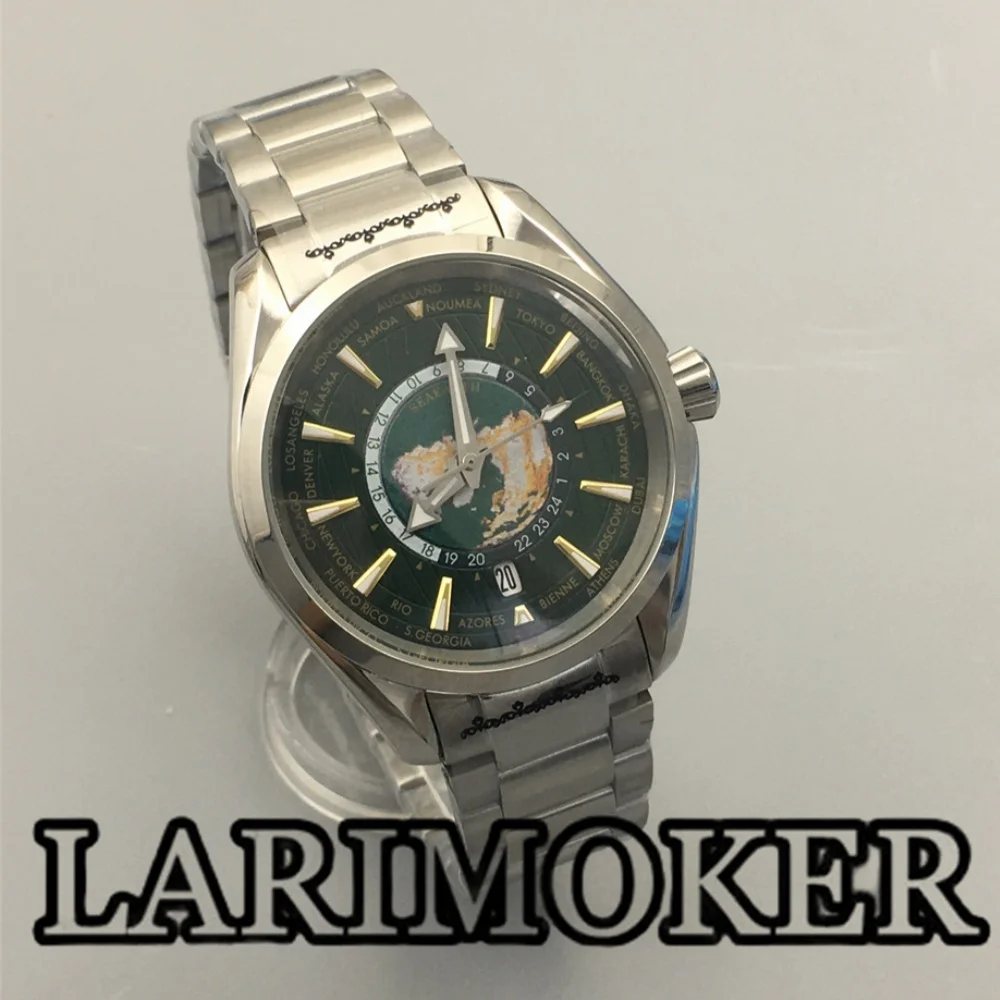 LARIMOKER 40MM Stainless Steel Watch NH35 Automatic Movement 6 O’clock Calendar Glass Back Cover Blue Green Dial Green Luminous