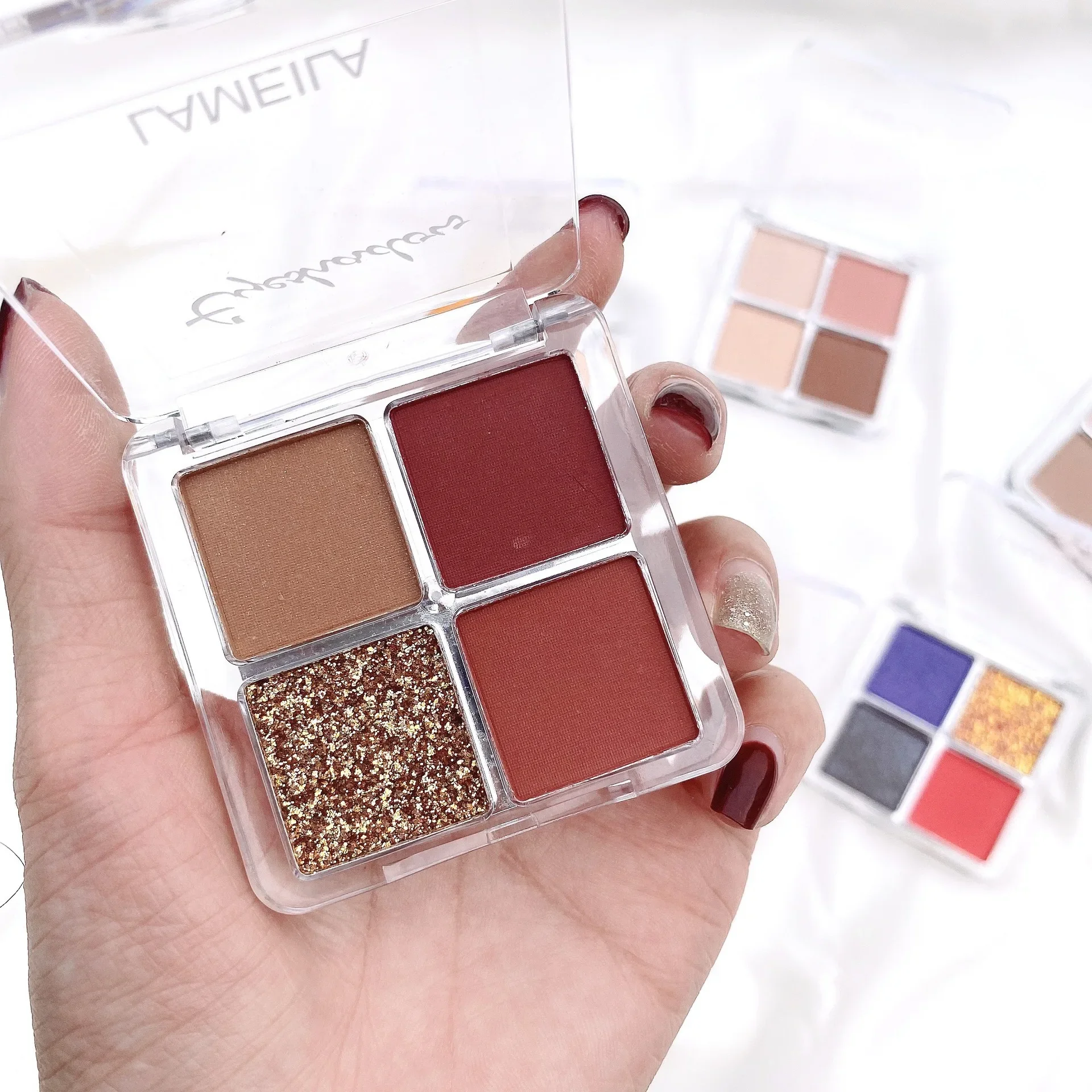 Paleta de sombra de ojos mate brillante, 4 colores, purpurina, metalizada, púrpura, pigmentada, cosmética, Maquillaje