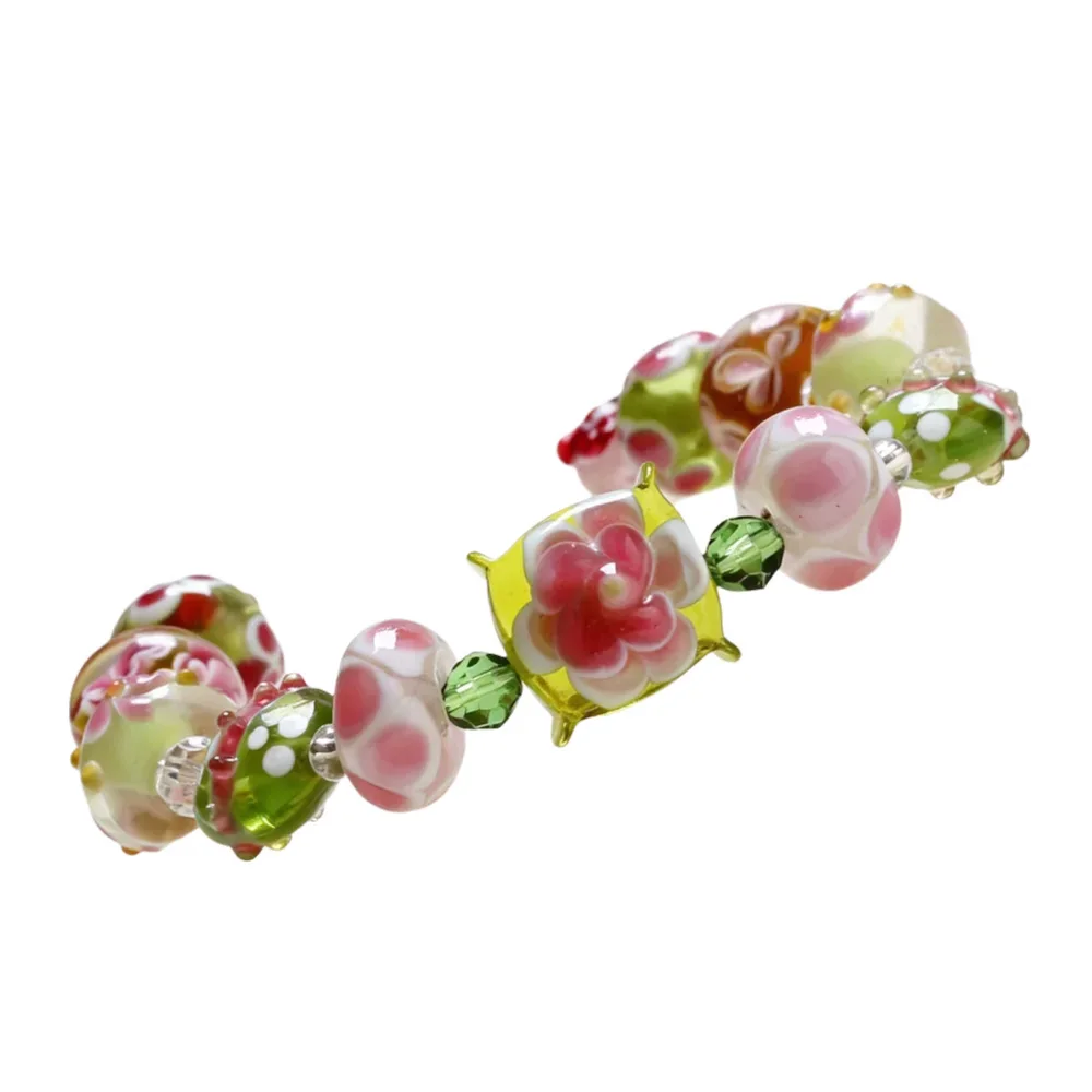 Only Sell 1set Loose Glass!Pink+Green Spring!Pure Handmade Retro Lampwork Beads For Charm Bracelets Jewelry Making Accessories