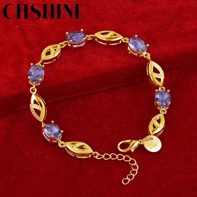 

CHSHINE 925 Silver Plated 18K Gold Purple Zircon Bracelet For Women Wedding Engagement Party Fashion Charm Jewelry