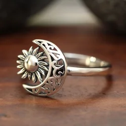 Vintage Simple Moon Sun Ring for Women Creative Delicate Antique Silver Color Party Holiday Jewelry Accessories