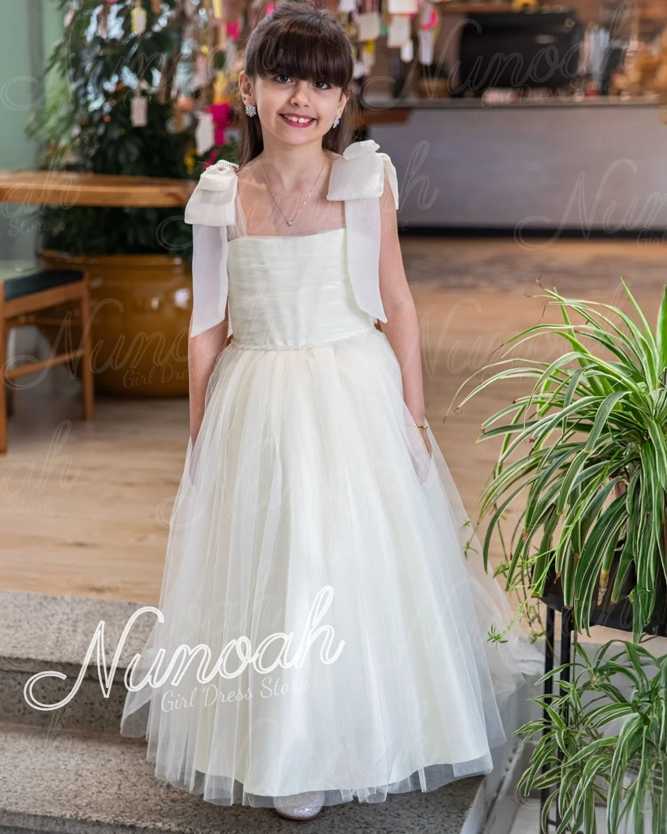Flower Girl Dresses for Wedding with Bows Tulle Baby Girl Birthday Party Gowns Floor Length First Communion Gowns Customized