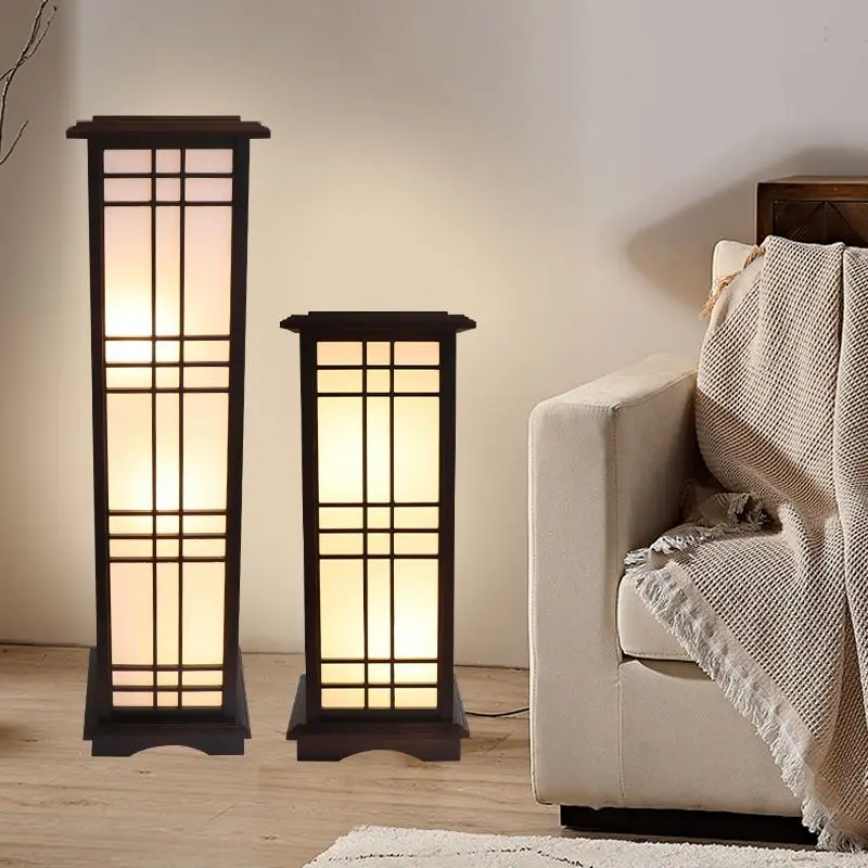 Solid Wood Wabi Sabi Chinese Style Floor Lamp For Hotel Lobby Living Room Tea Room Dimmable Three Color Temperature Lighting